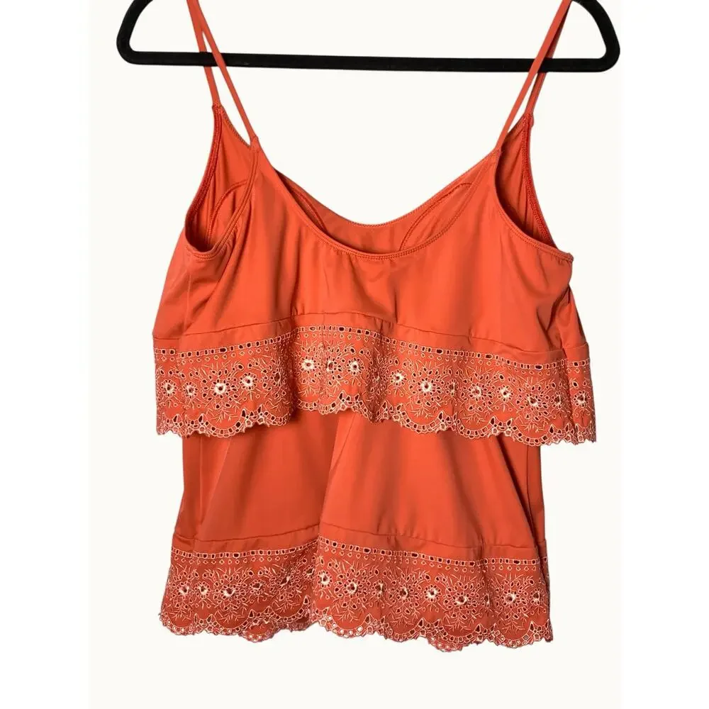 Women’s Tankini Swim Top Coral Pink Eyelet Lace Ruffle Padded Strappy 14”